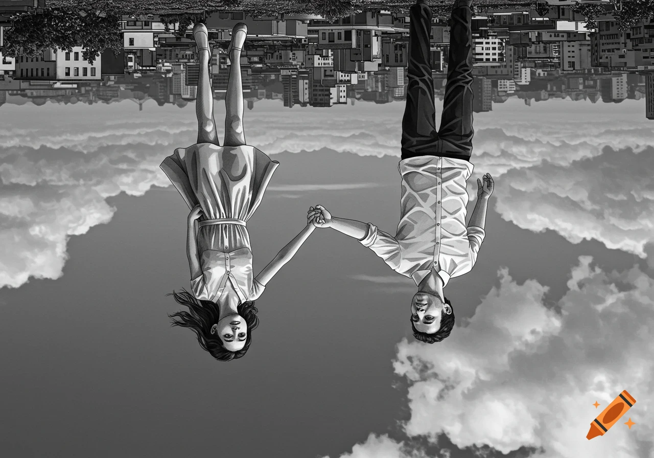 Black and white illustration of an upside-down man and woman holding hands, floating between an inverted city and clouds.