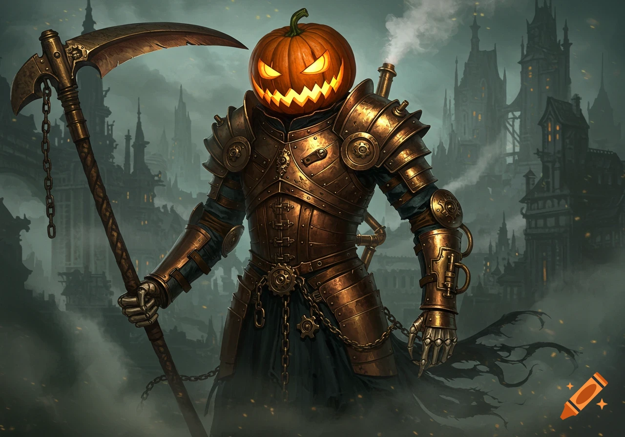 A steampunk knight with a glowing jack-o'-lantern head holds a large scythe in front of a gloomy, fog-shrouded city.