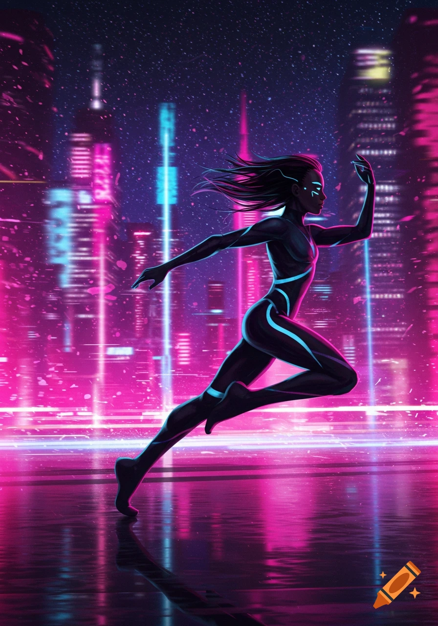 A stylized person in a glowing black suit runs in a vibrant neon cyberpunk city at night, with pink and blue lights reflecting.