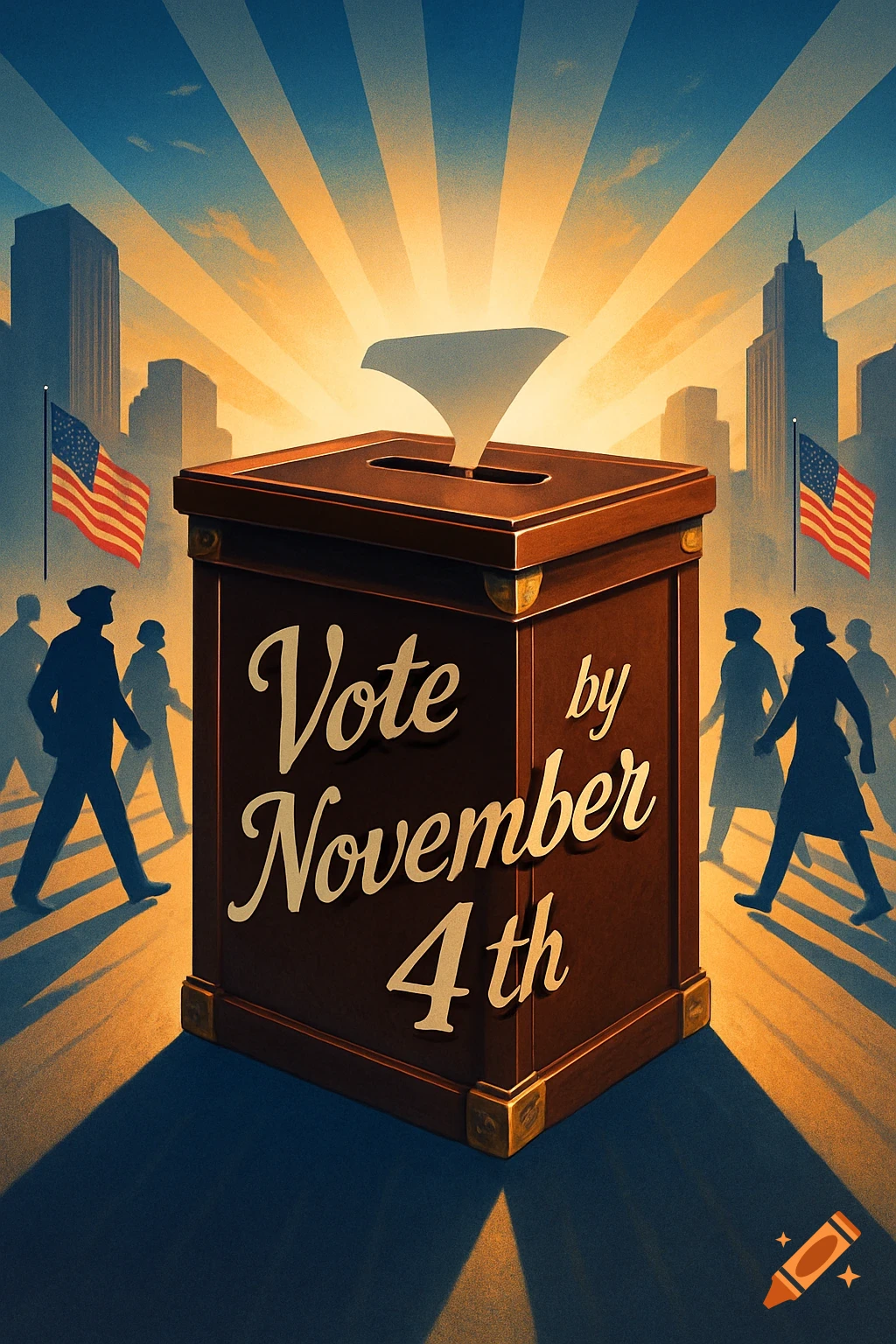 A retro-style poster showing a ballot box with "Vote by November 4th" text, surrounded by silhouetted people and American flags.