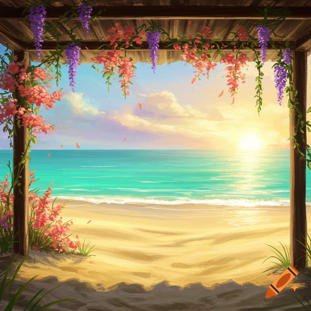 A tranquil sunset beach scene viewed through a floral pergola adorned with pink and purple flowers.