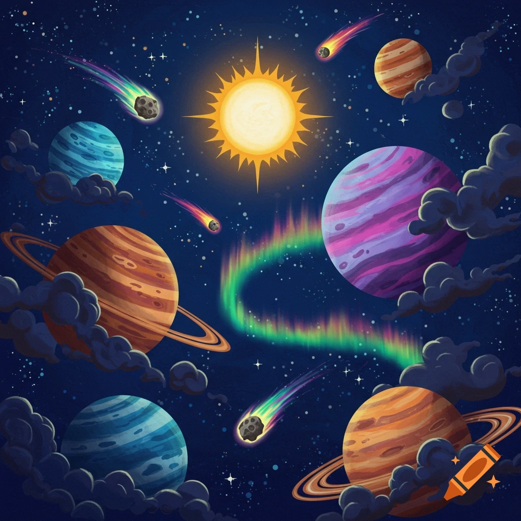 Stylized illustration of a vibrant cosmic scene with a sun, colorful planets, comets, and a rainbow aurora in a star-filled space.