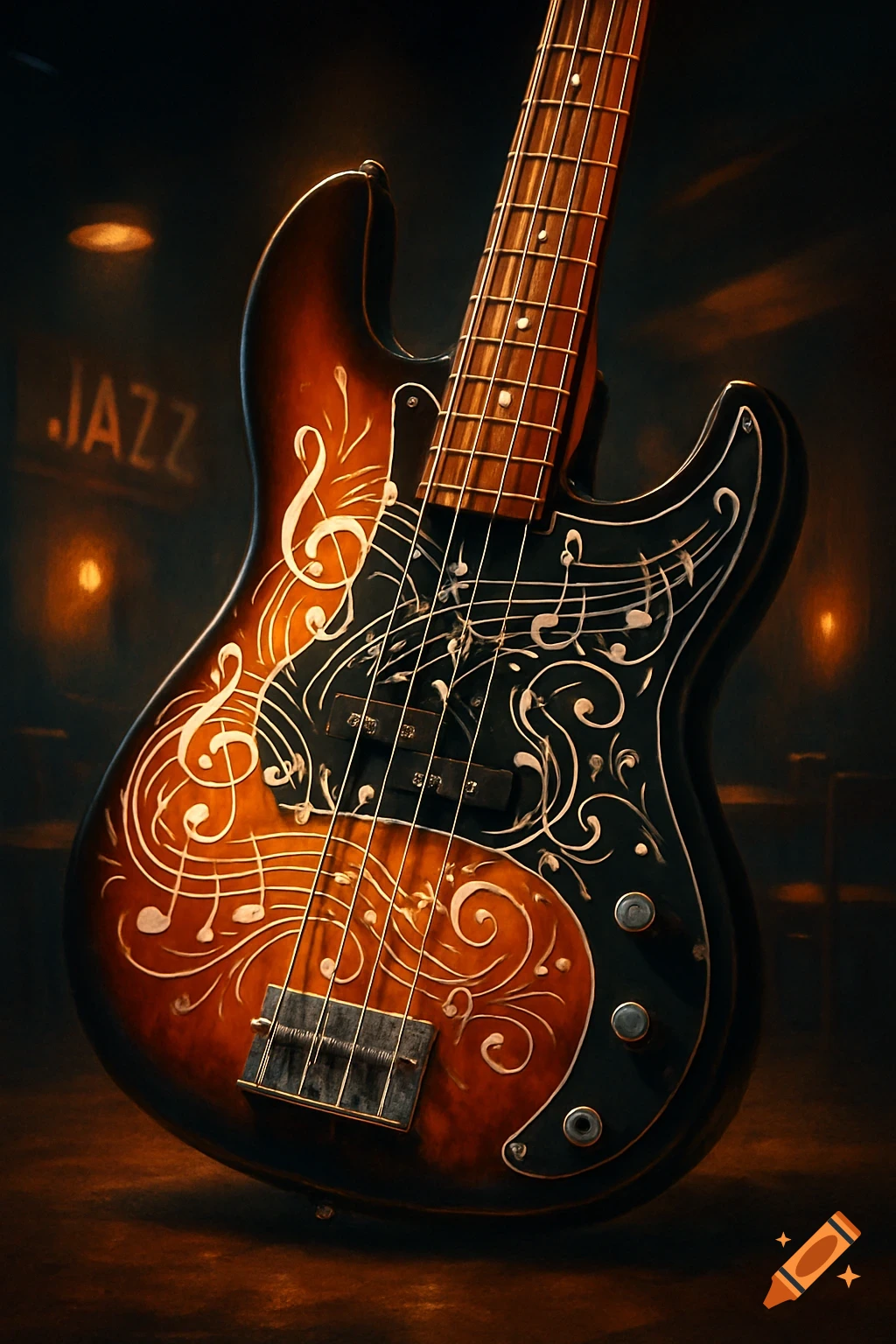 A close-up of a jazz bass guitar with a sunburst finish and white musical note graphics, in a dimly lit setting with a 'JAZZ' sign in the background.