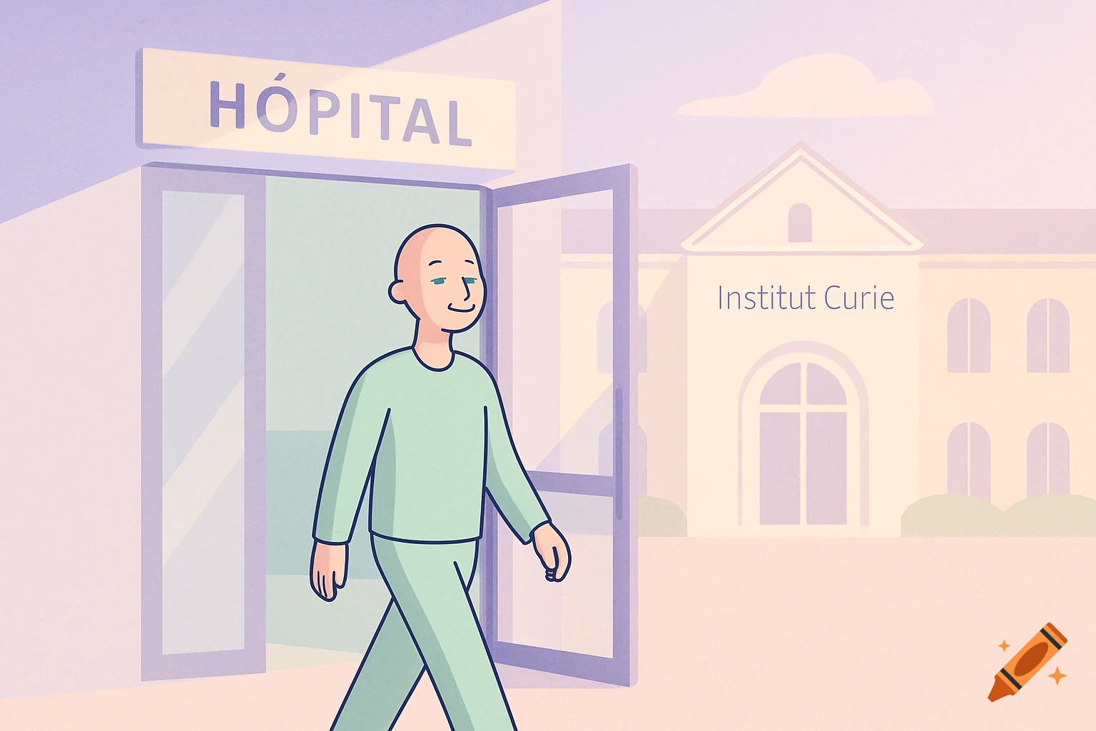 Minimalist 2D illustration of a bald person in green scrubs leaving a hospital. Signs read 'HÔPITAL' and 'Institut Curie'.