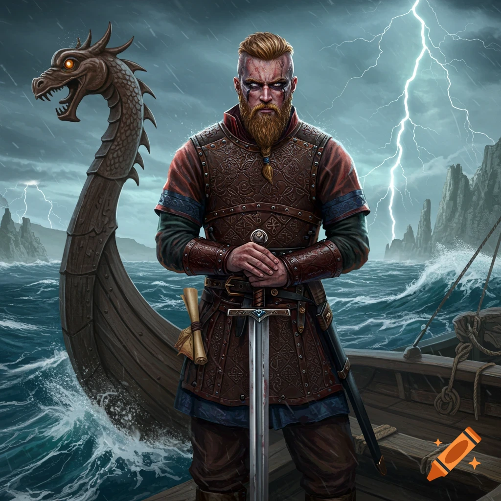 A fierce Viking warrior with a beard and armor stands on a longship in a stormy sea with lightning, holding a sword.