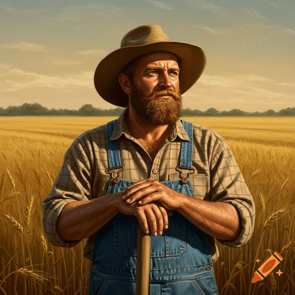 A bearded farmer in a straw hat and overalls stands in a golden wheat field, leaning on a tool, looking into the distance.