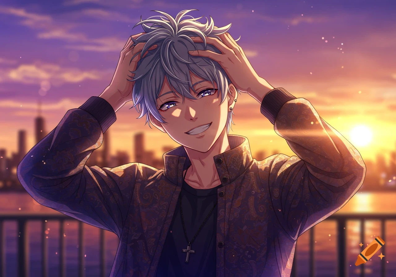 Anime boy with silver hair smiling and holding his hair up, against a vibrant sunset city skyline.