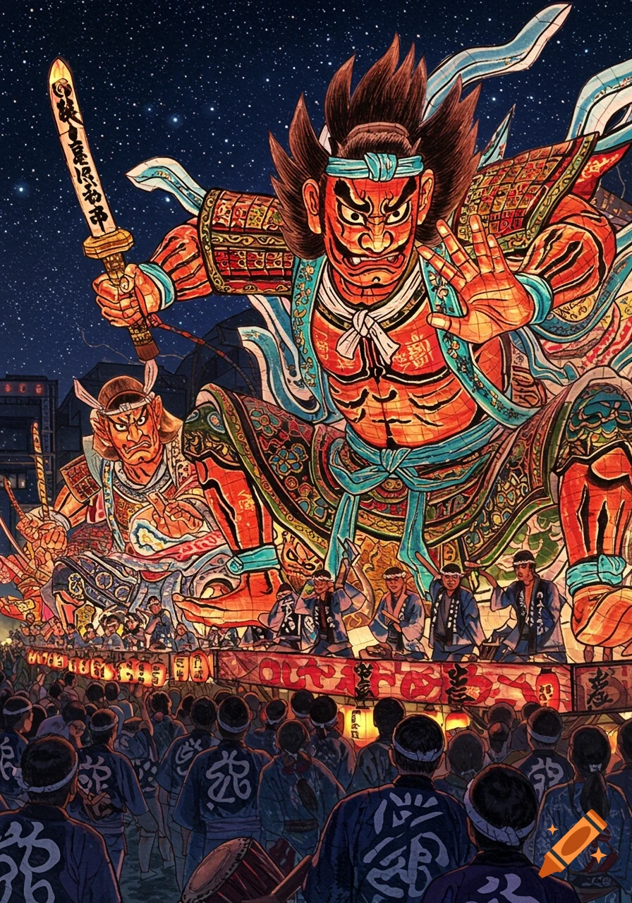 Vibrant illustration of a Japanese Nebuta festival parade at night, featuring illuminated warrior floats and a crowd.