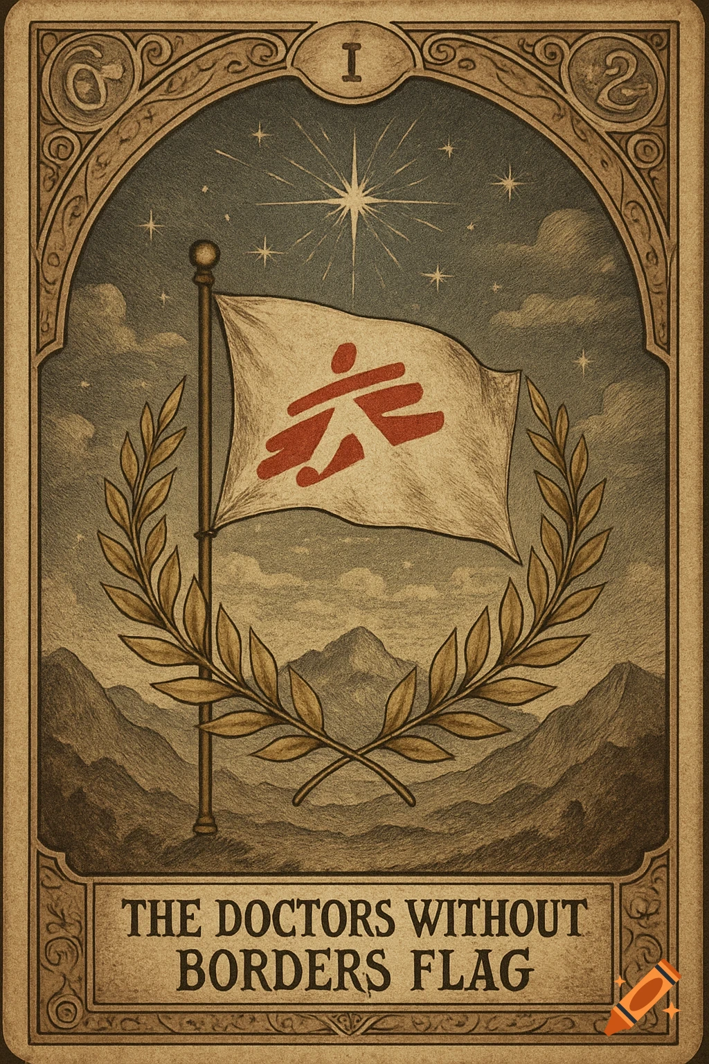 Vintage tarot card illustration of the Doctors Without Borders flag with a star, mountains, and a laurel wreath, framed by decorative borders. Text reads 'THE DOCTORS WITHOUT BORDERS FLAG'.