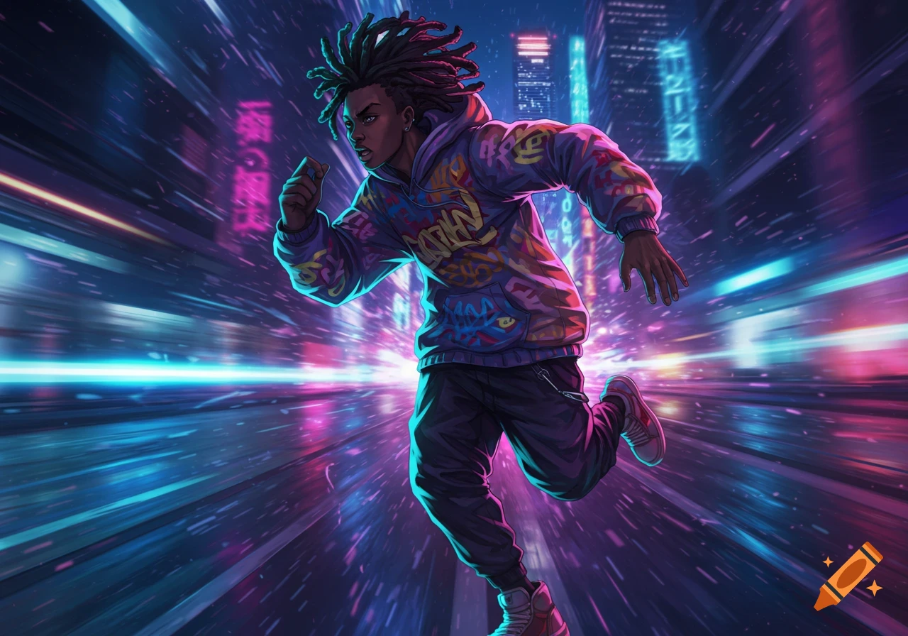 A vibrant anime-style depiction of a Black character with dreadlocks in streetwear, running through a neon-lit futuristic city with speed blur.