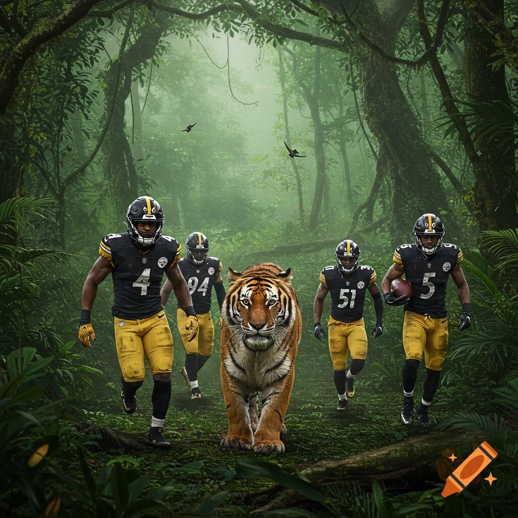 Four Pittsburgh Steelers football players and a large tiger walk through a dense, misty jungle in a photorealistic style.