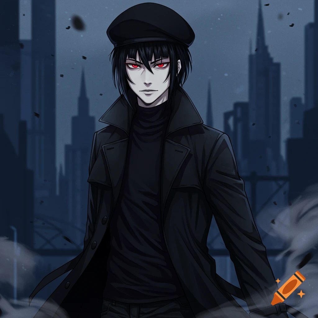 Anime illustration of a pale male character with black hair, red eyes, wearing a black beret and trench coat, against a dark cityscape.