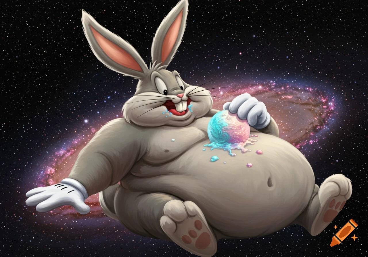 A very overweight Bugs Bunny floats in space, happily eating a colorful, melting scoop of ice cream that looks like a planet, with a galaxy behind him.