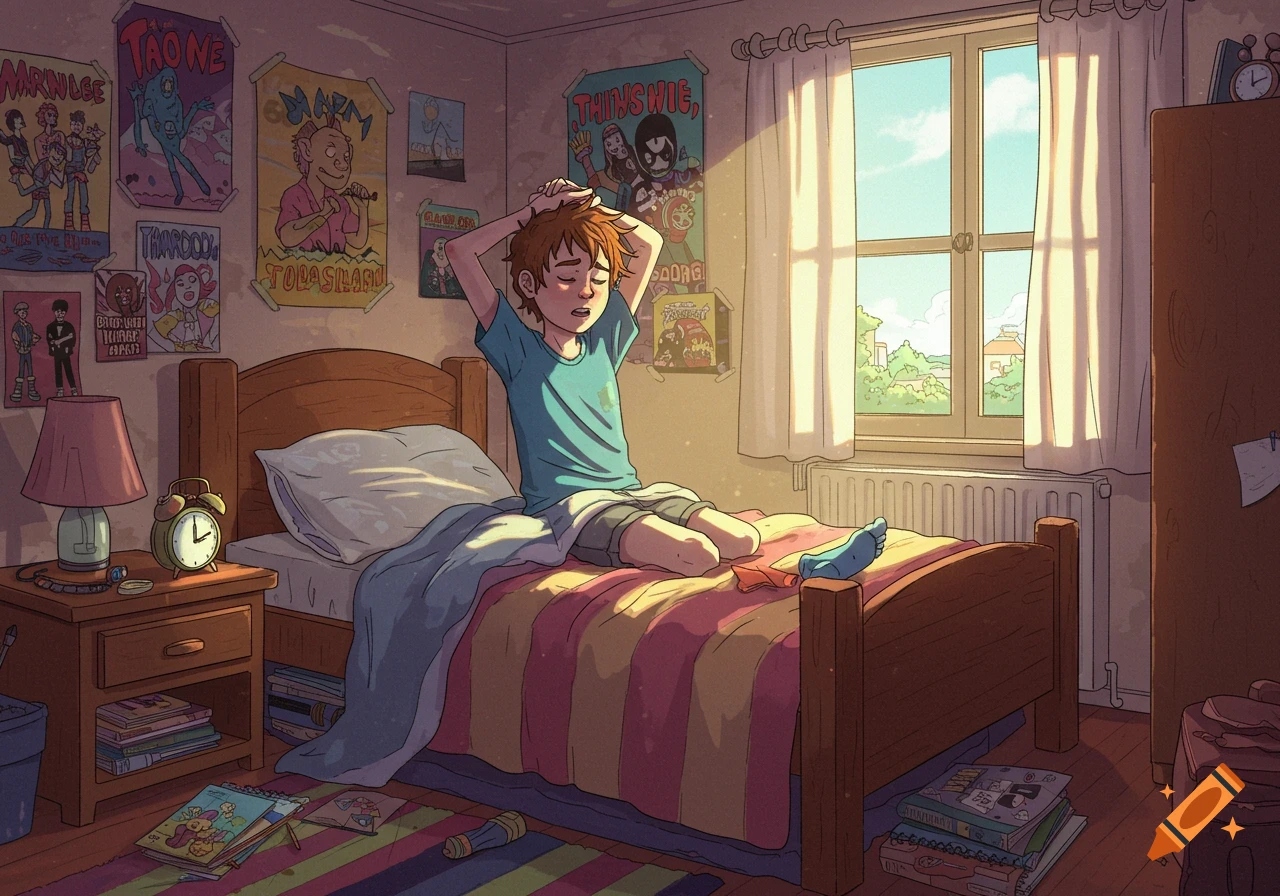 A cartoon illustration of a teenage boy waking up in his bed in a sunlit bedroom filled with posters.