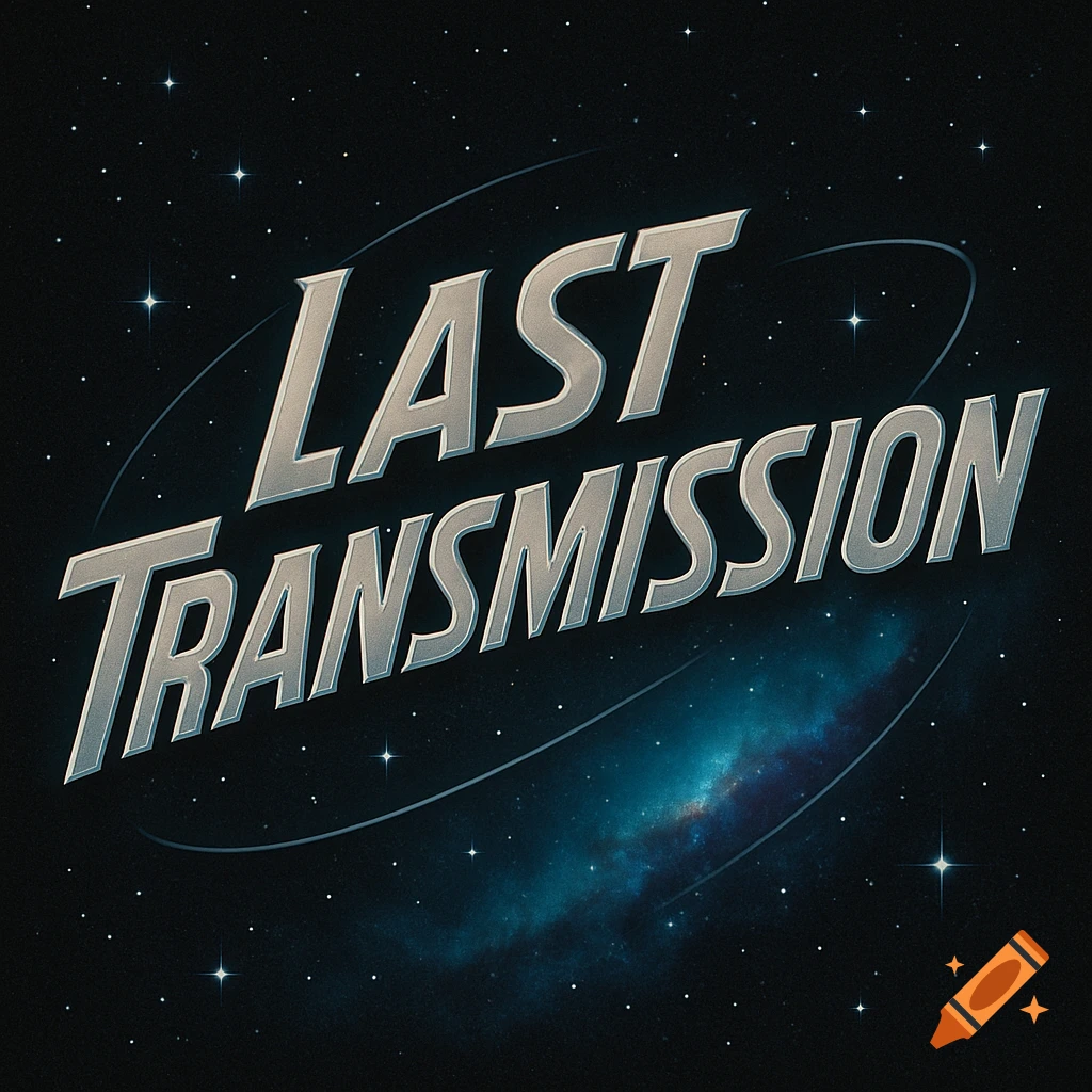 Stylized metallic text 'LAST TRANSMISSION' against a starry space background with a nebula.