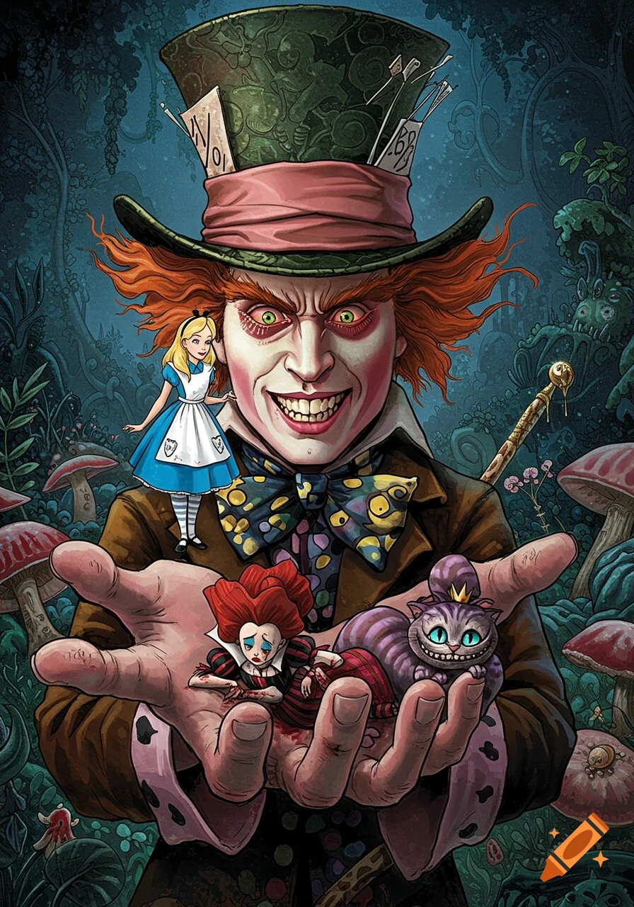 A menacing Mad Hatter holds a sad Red Queen and grinning Cheshire Cat in his palm, while Alice stands on his hat brim, in a dark fantasy illustration.