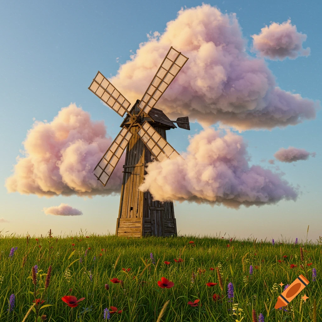 A rustic wooden windmill stands in a vibrant green field with red poppies and purple wildflowers under a blue sky with fluffy pink clouds.