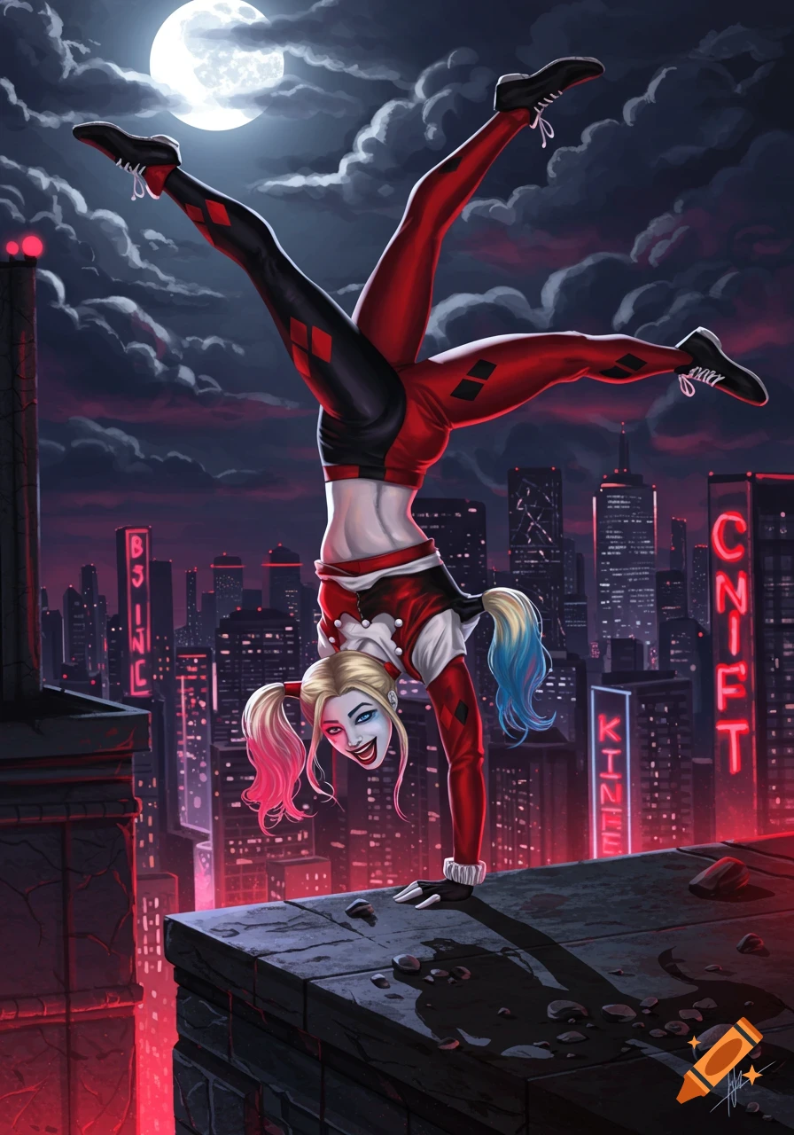 Harley Quinn in her classic red and black jester outfit performs a handstand on a dark city rooftop under a full moon.