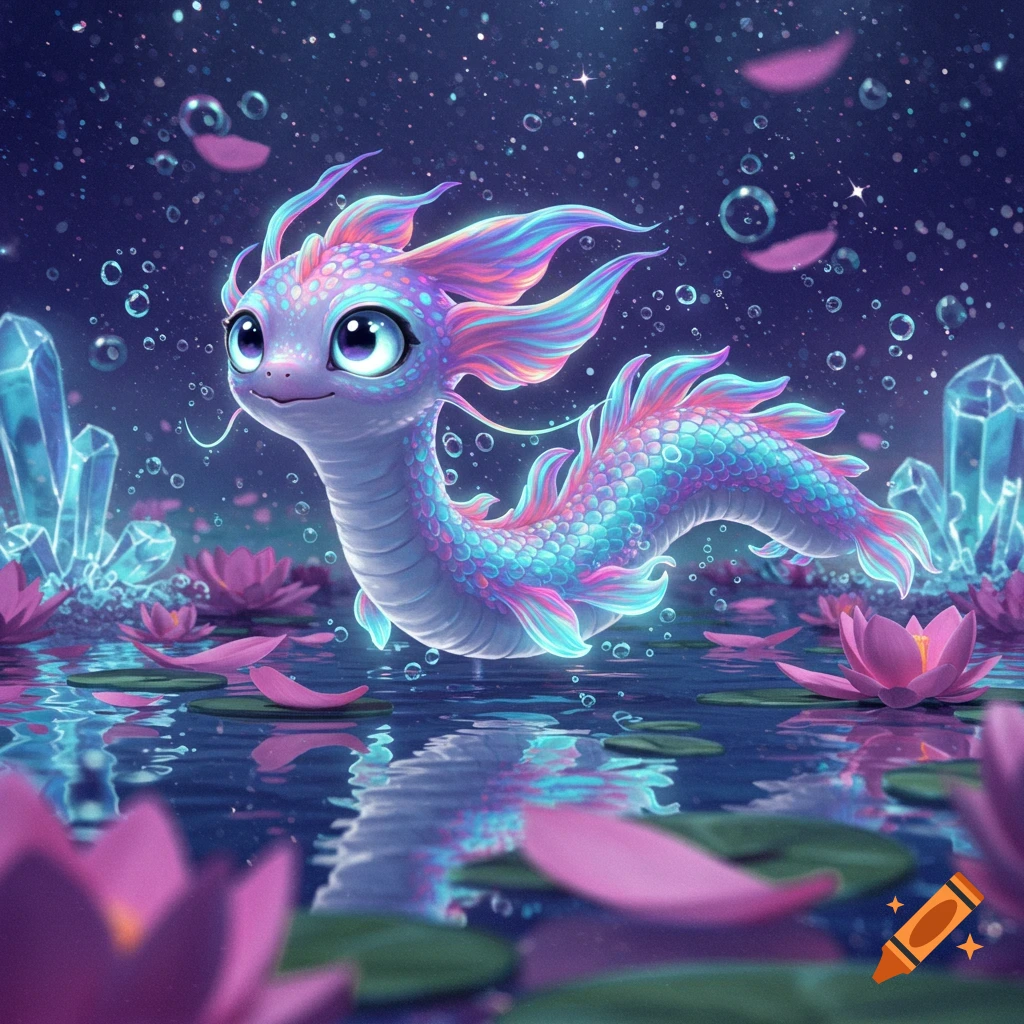 A cute, iridescent, pastel-colored dragon creature with big eyes swims in a magical pond with pink lotus flowers and glowing crystals under a starry sky.