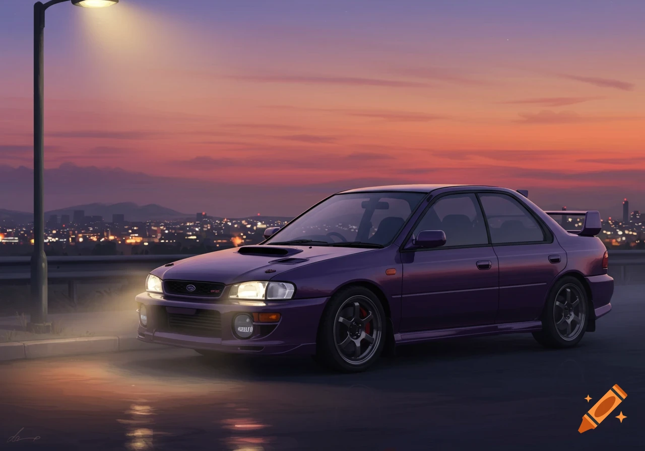 A purple Subaru Impreza is parked on a street at sunset, illuminated by a street lamp, with city lights in the background.