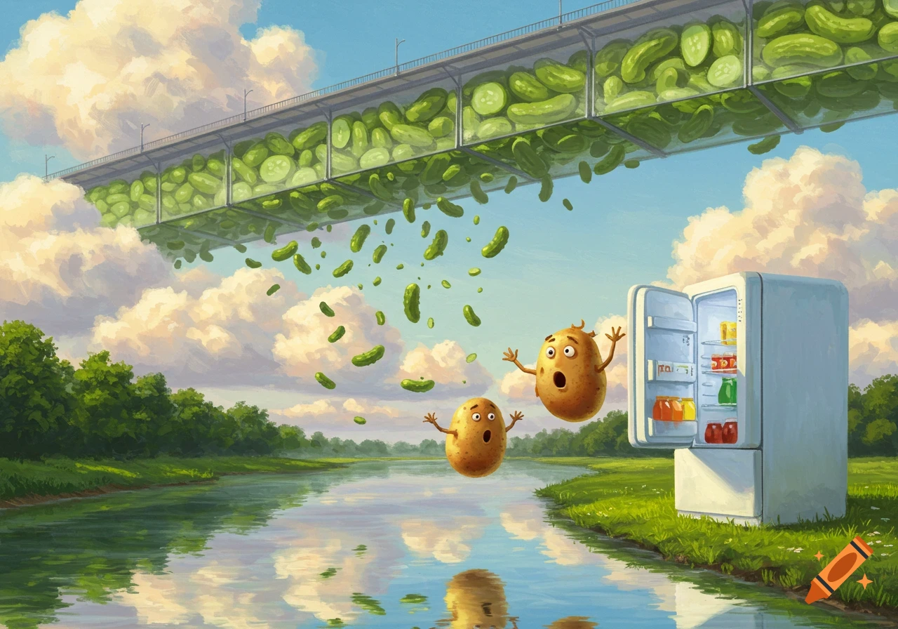 A whimsical cartoon shows two frightened potatoes jumping from an open fridge on a grassy bank. Pickles fall from a glass bridge overhead, suspended over a river.
