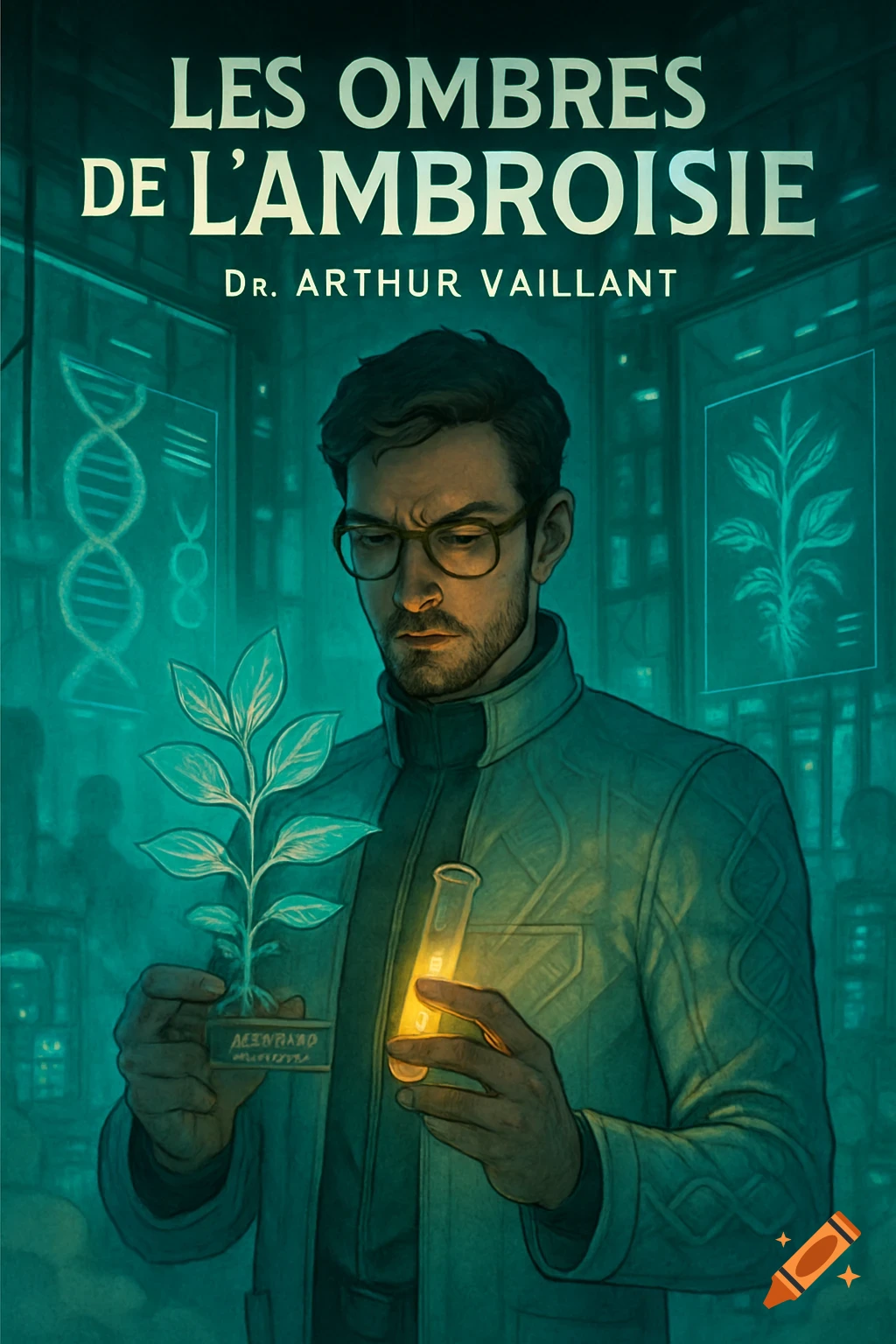 A man in glasses and a lab coat holds a glowing test tube and a small plant with roots, against a backdrop of DNA strands and plant diagrams in a teal-lit lab, illustrating a science fiction book cover titled "LES OMBRES DE L'AMBROISIE" by Dr. Arthur Vaillant.