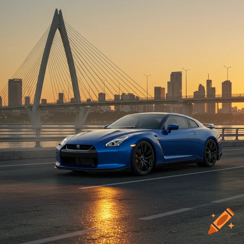 Blue Nissan GTR sports car on a bridge overlooking a city skyline at sunset, photorealistic.