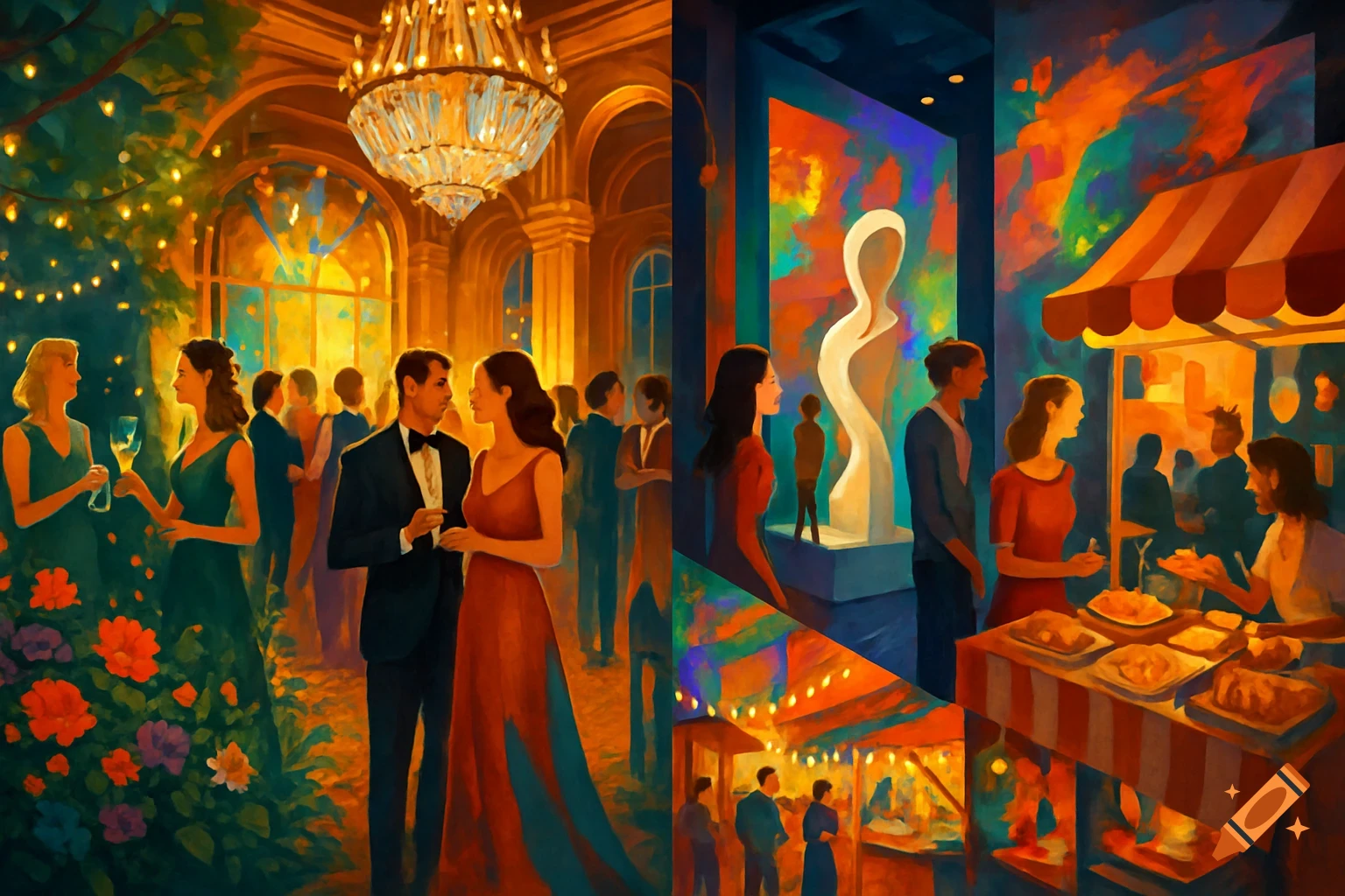 A vibrant, colorful painting depicting various social events: a formal ballroom, an art gallery with a white sculpture, and a bustling market.