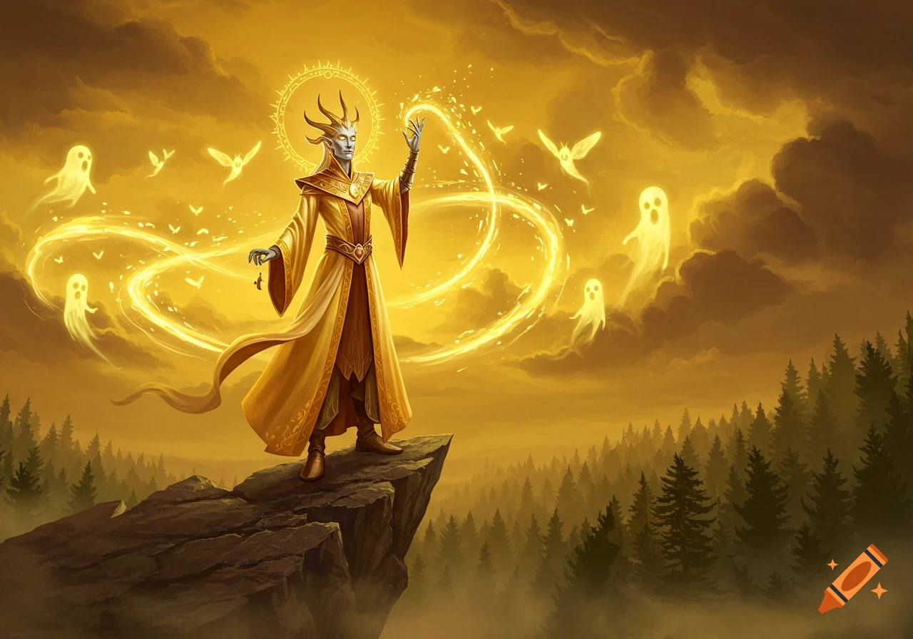 A golden-toned fantasy illustration of a robed mage with horns casting a spell on a cliff, surrounded by glowing ghosts and spirits over a forest.