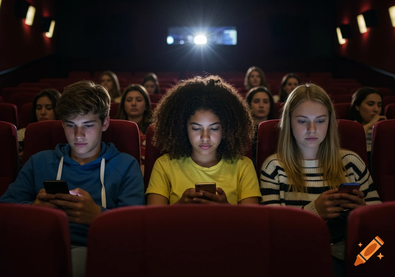 Three teenagers in the front row of a dark movie theater are engrossed in their brightly lit phones.