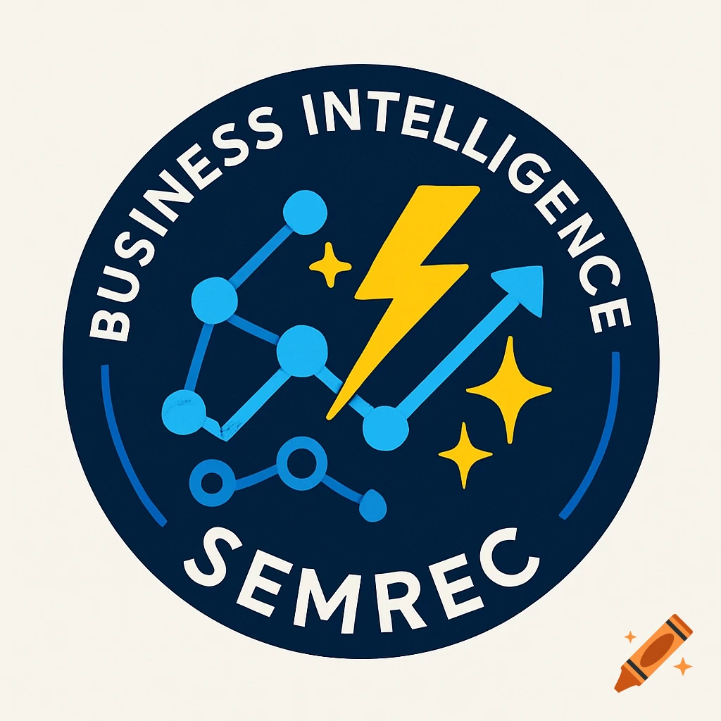 A blue circular business intelligence logo with a yellow lightning bolt, connecting nodes, an arrow, stars, and text 'BUSINESS INTELLIGENCE SEMREC'.