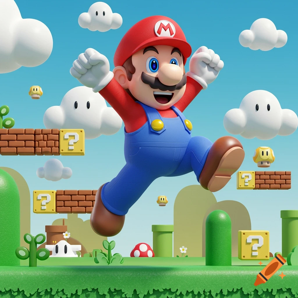 A 3D render of Super Mario jumping in a vibrant level with brick blocks, question blocks, coins, and clouds.