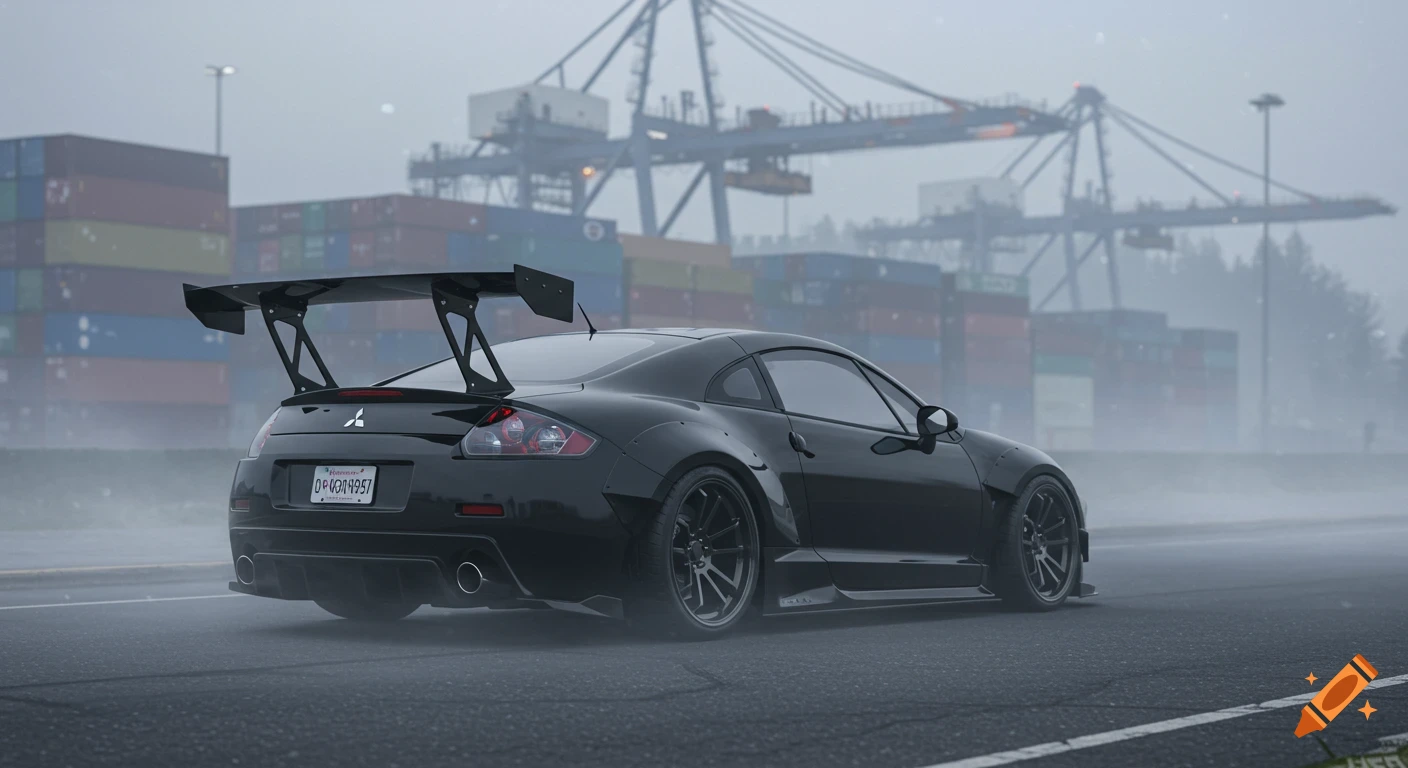 A black Mitsubishi Eclipse with a wide body kit and a large carbon fiber wing on a foggy road at a cargo bay.