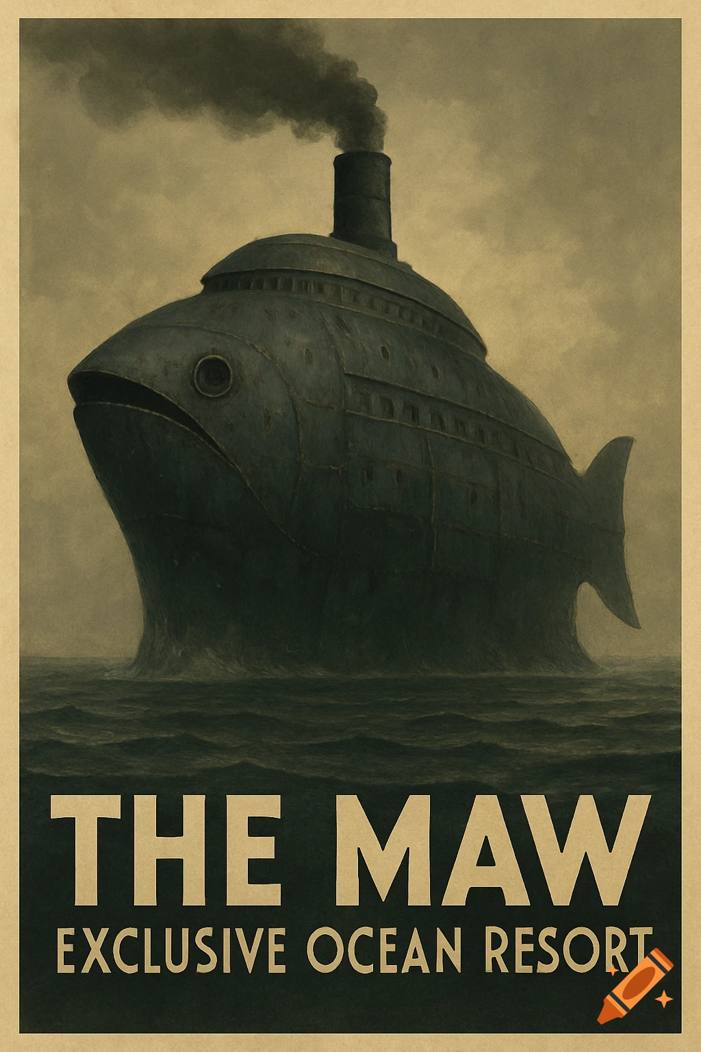 Vintage poster for 'The Maw Exclusive Ocean Resort,' showing a dark, fish-shaped steampunk vessel with a smokestack rising from a gloomy sea.