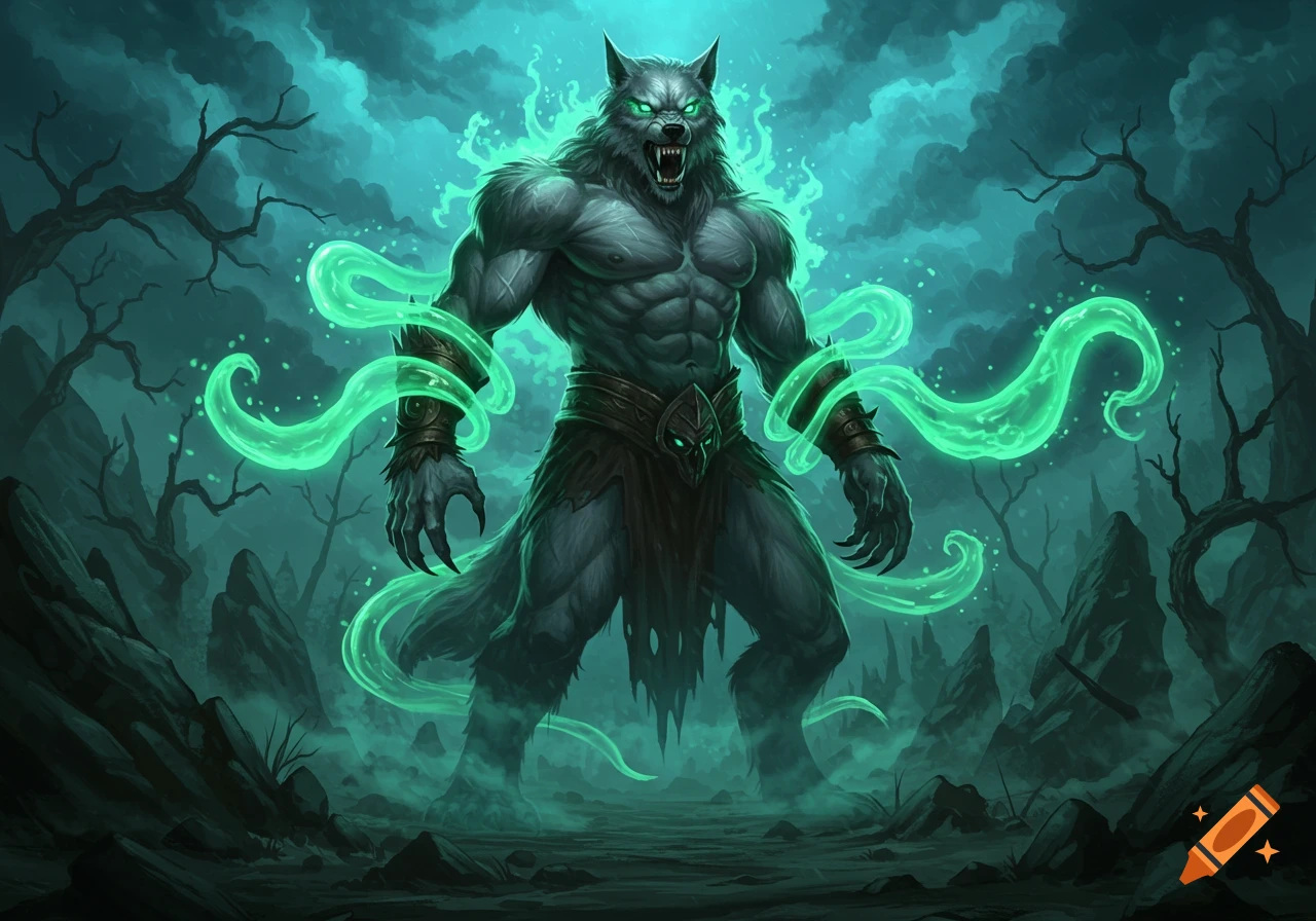 A muscular gray werewolf with glowing green eyes and a green aura stands in a dark, misty forest with bare trees.