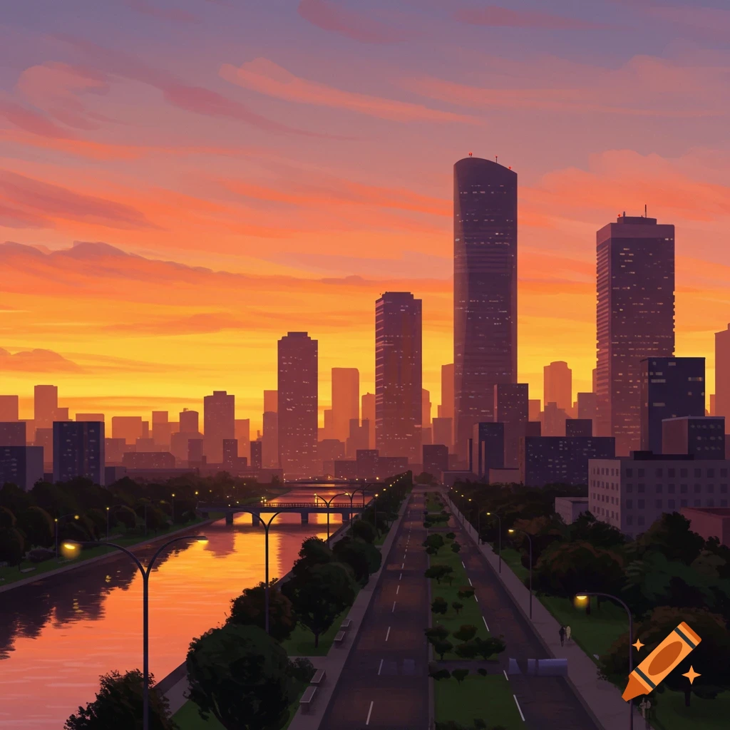 A vibrant digital painting of a city at sunset, with a river and a tree-lined road leading towards a skyline of tall buildings.