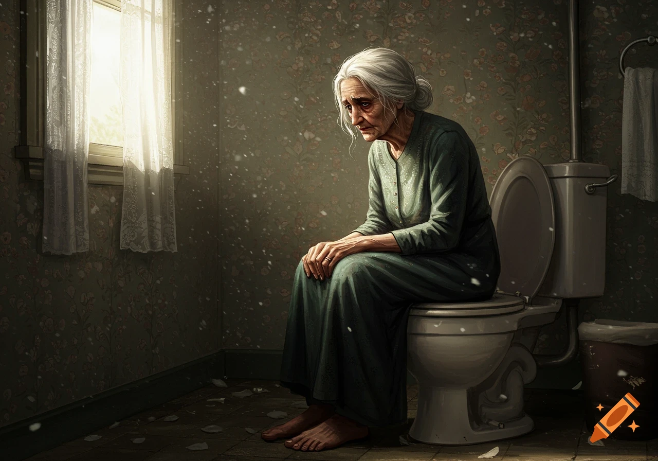 A sad, elderly woman with white hair sits on a toilet in a dimly lit bathroom, sunlight streaming through a window.