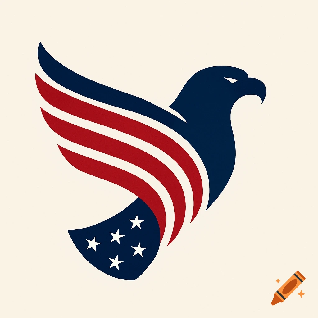 Stylized patriotic eagle logo with wings of red and white stripes and a blue tail with white stars, resembling the US flag.