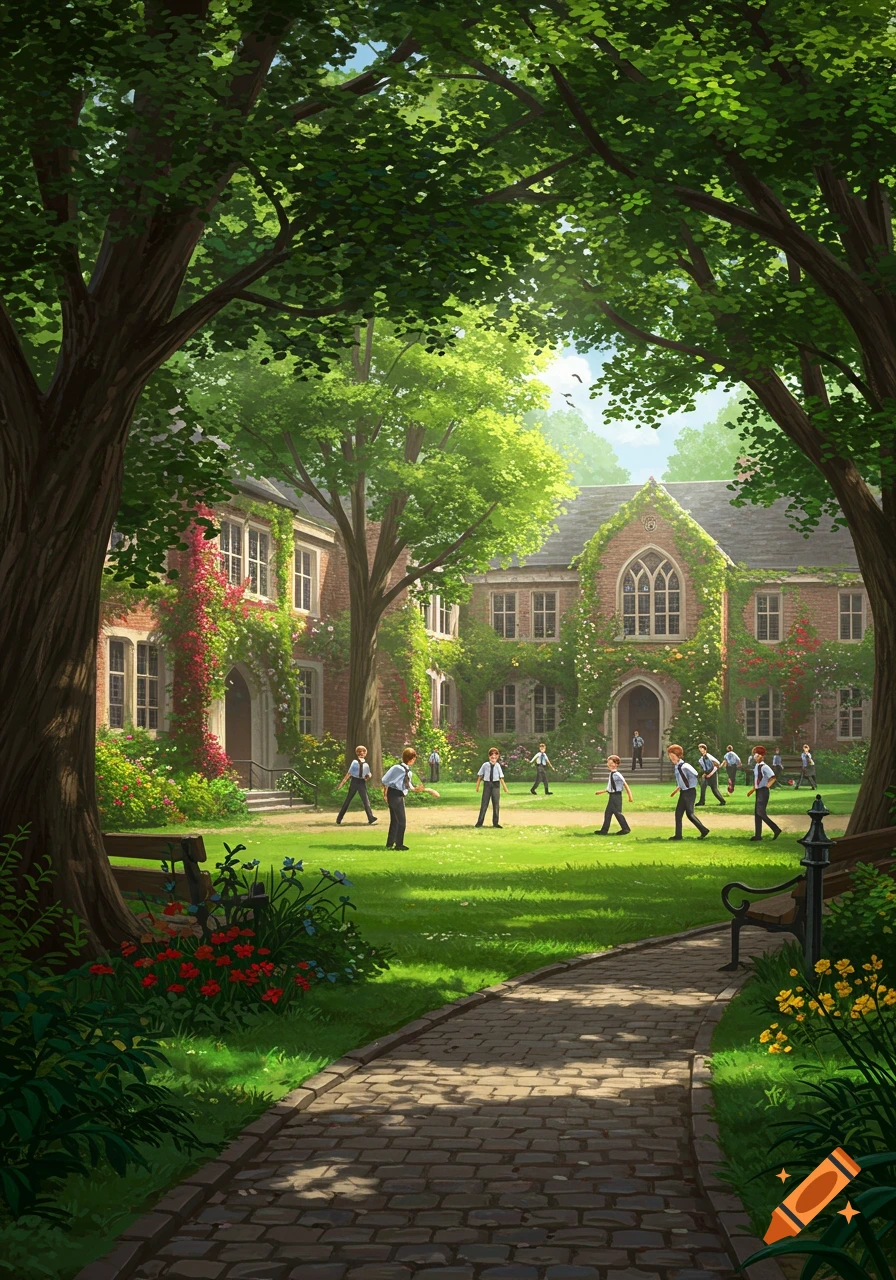Boys playing in a lush green school courtyard framed by trees, with ivy-covered brick buildings and a stone path.