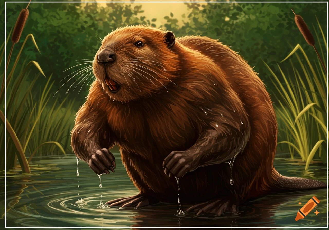 A brown, muscular beaver stands in shallow water, water dripping from its paws, with cattails and trees in the background, in an illustrated style.