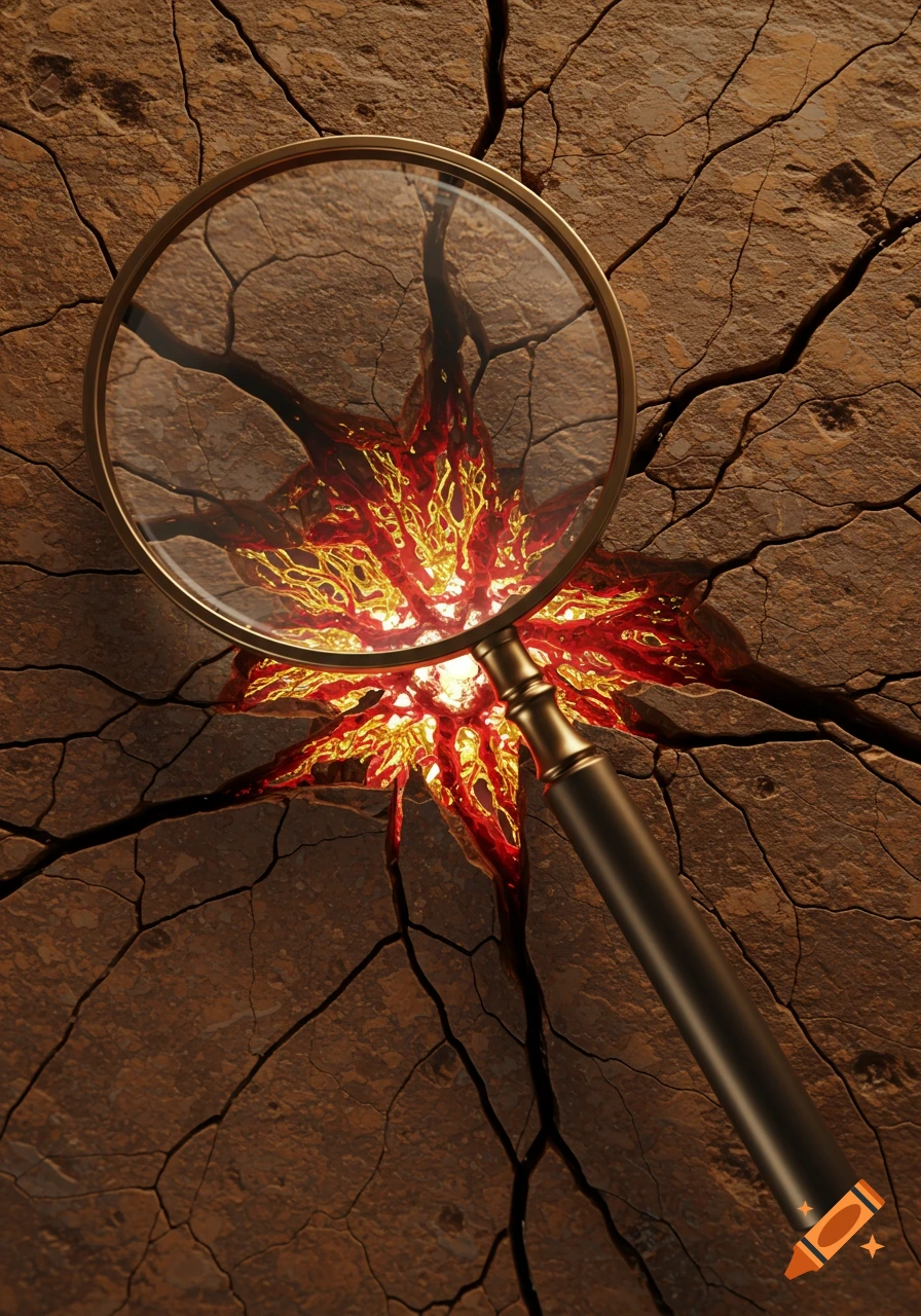 A magnifying glass on a cracked, dry surface reveals glowing red and gold energy in the depths below.