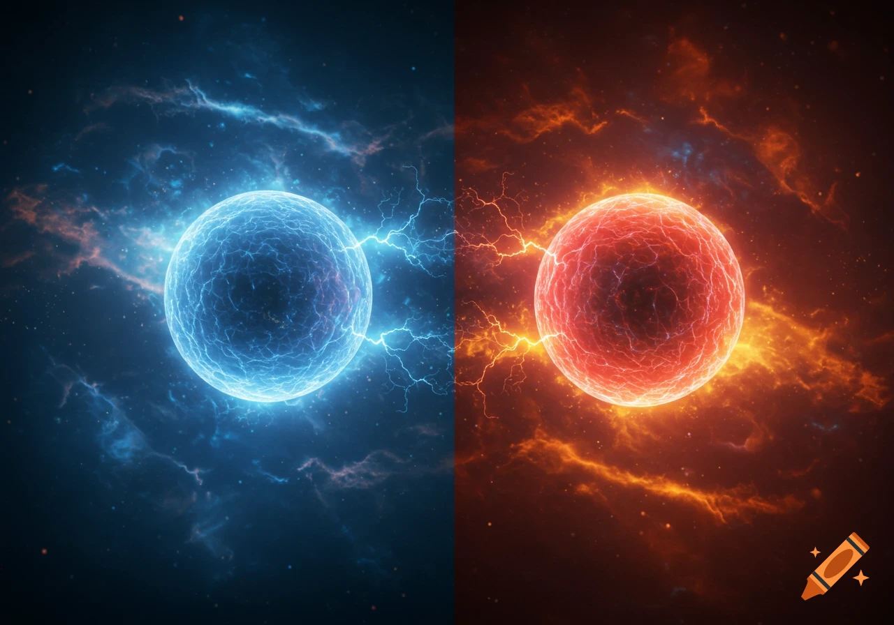 Two glowing energy spheres, one blue and one red, connected by arcs of electricity against a dark cosmic background.