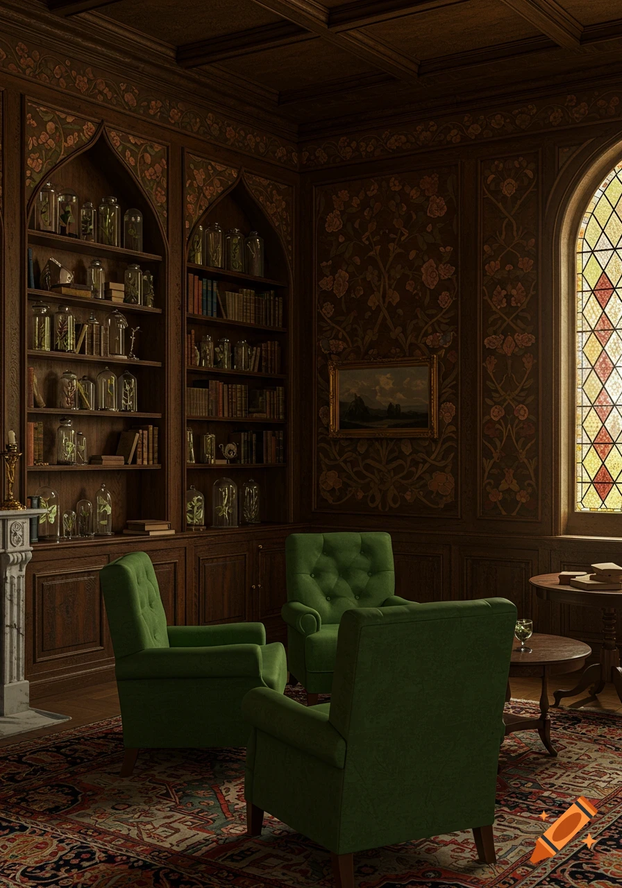A dimly lit vintage study with ornate wood paneling, botanical bookshelves, three green armchairs, and a stained-glass window.