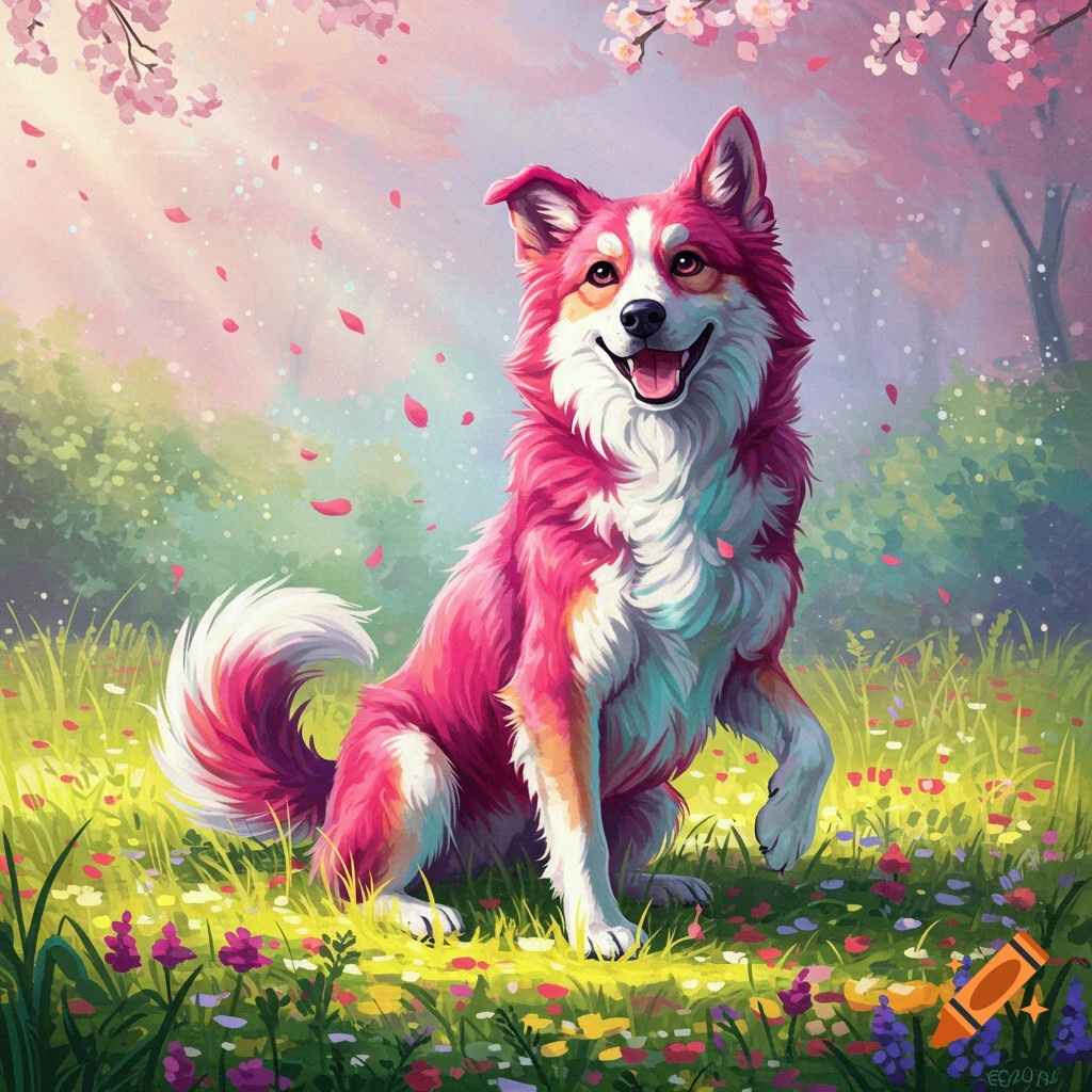 A vibrant pink and white dog with sparkling eyes sits in a field of colorful wildflowers and falling pink petals under a cherry blossom tree, in a bright, painterly style.