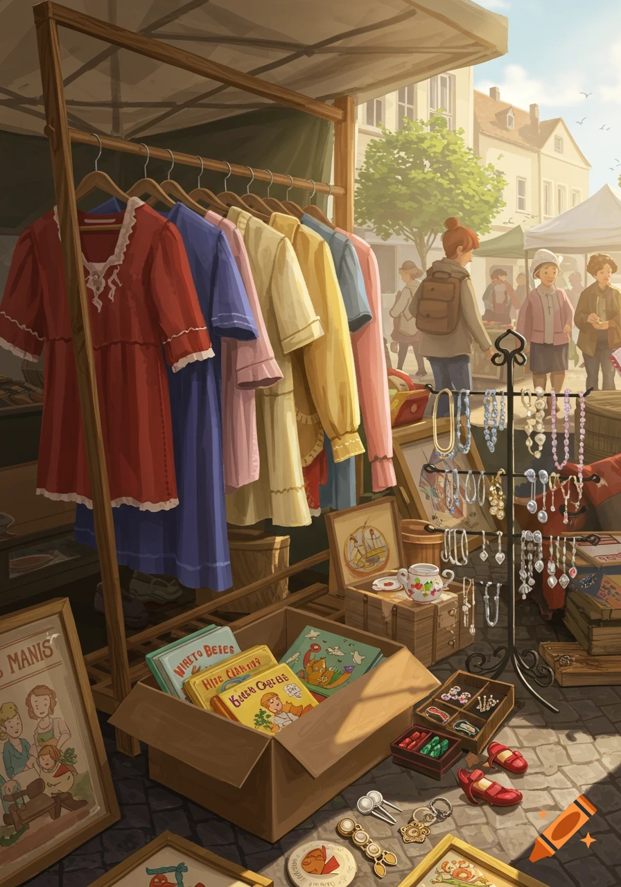 A colorful illustration of a bustling flea market stall with a rack of clothes, a jewelry stand, boxes of children's books, and other items.