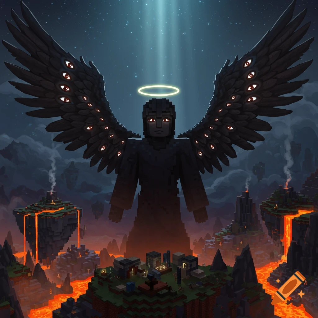 A colossal, dark, blocky Minecraft angel with many eyes on its wings and a halo floats above a lava-filled fantasy landscape.