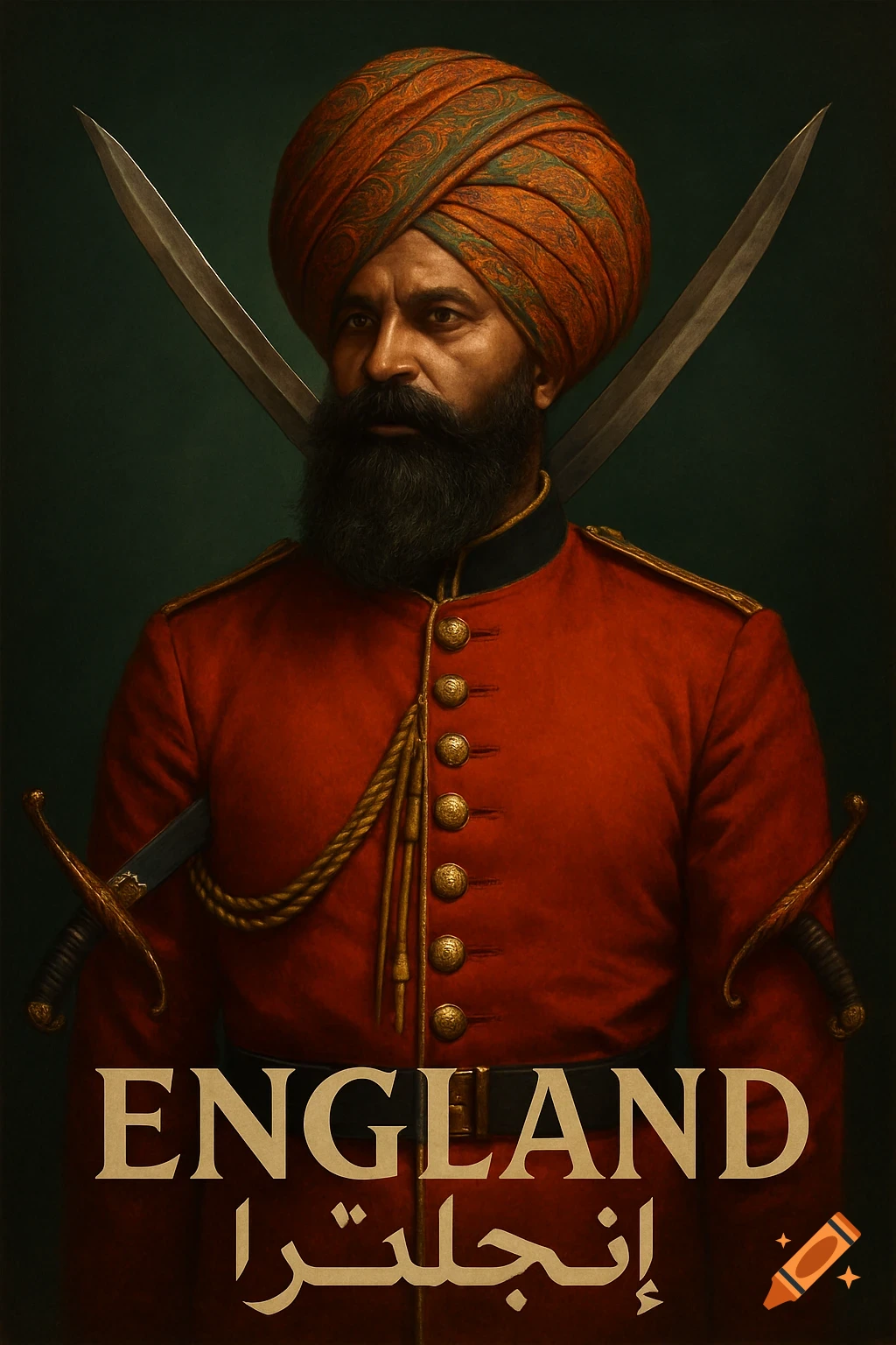 A portrait of a man with a dark beard and orange turban, wearing a red military jacket with gold buttons, with crossed swords behind him. The word 'ENGLAND' in English and Arabic is at the bottom.