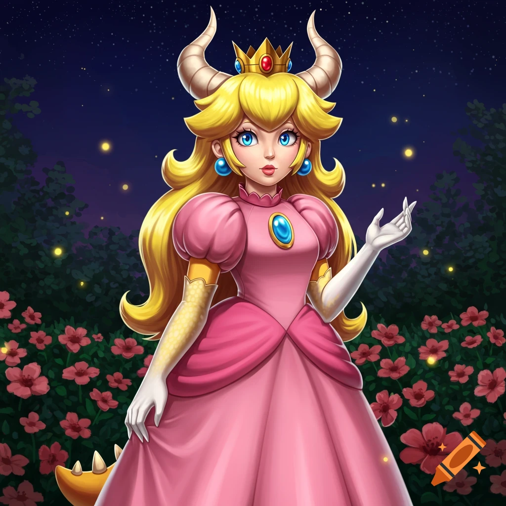 A stylized illustration of a hybrid Princess Peach and Koopa character with blonde hair, horns, a pink dress, and a dragon tail, standing in a flower garden at night.