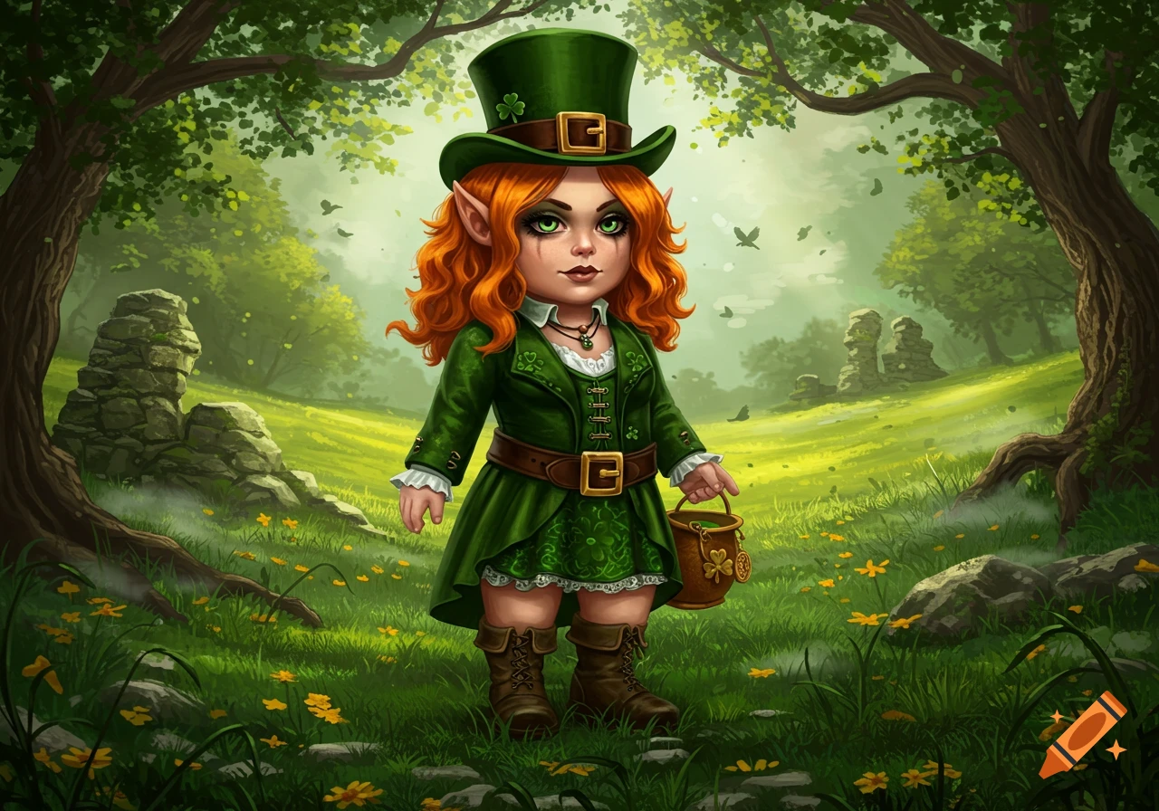 A short female leprechaun with orange hair and goth makeup, wearing a green top hat and dress, holds a pot in a vibrant green forest.