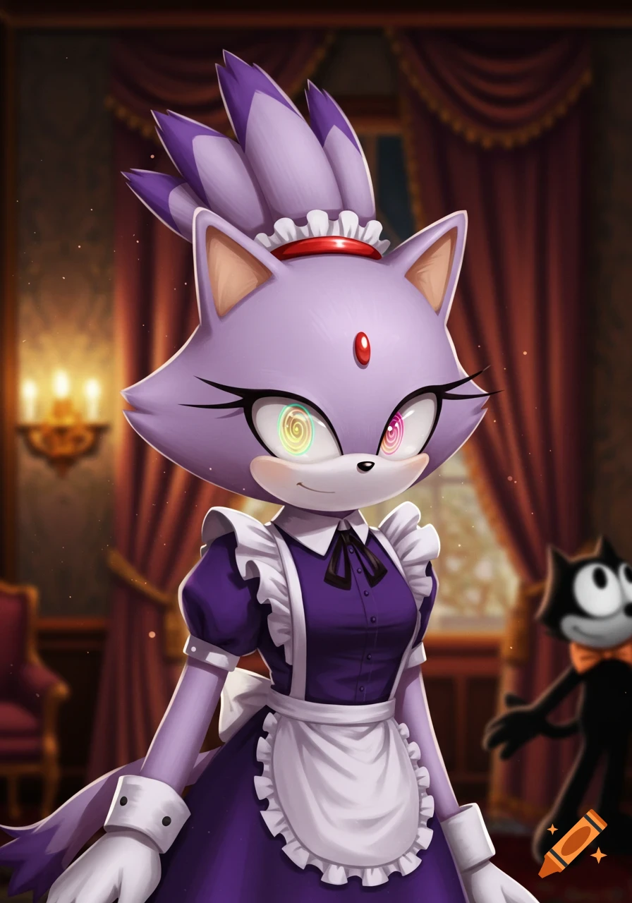 Blaze the Cat in a purple maid outfit with hypnotic spiral eyes, smiling in a grand room, with Felix the Cat in the background.